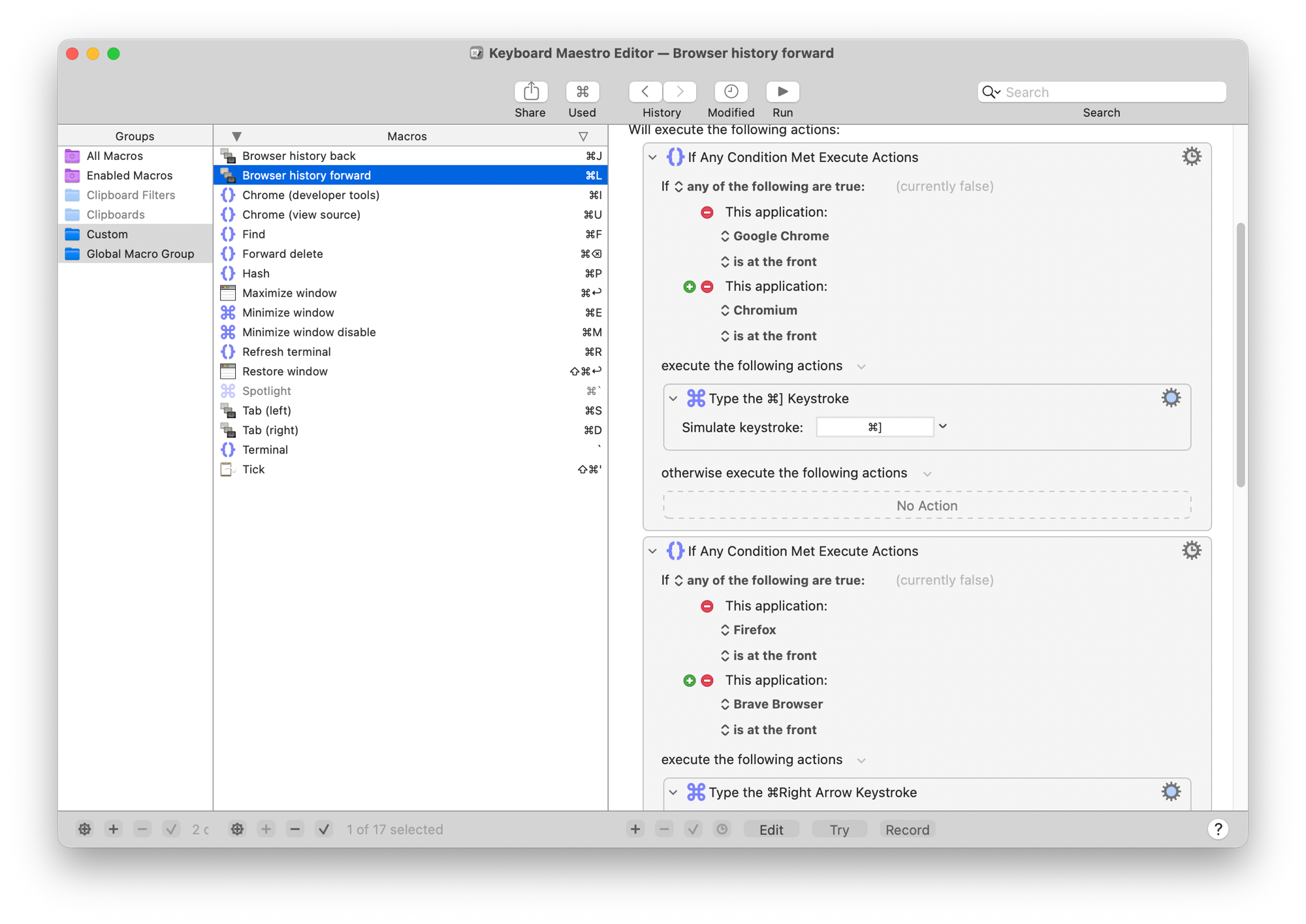 The old setup: one of seventeen macros, two condition blocks and four app dropdowns just to remap ⌘L per browser family.