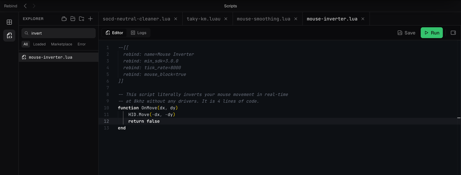 The Mouse Inverter script in the Rebind editor: four lines — OnMove(dx, dy) forwarding HID.Move(-dx, -dy)