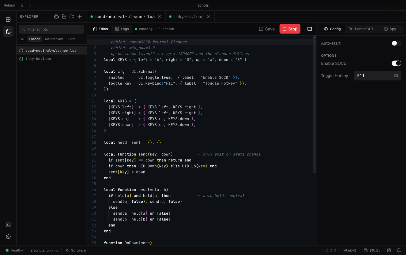 The SOCD Neutral Cleaner script running in the Rebind editor